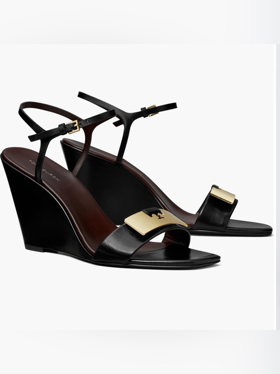 Tory Burch Shoes - Tory Burch Gigi Black  Wedge Sandals with Gold Logo Plate size 8.5
